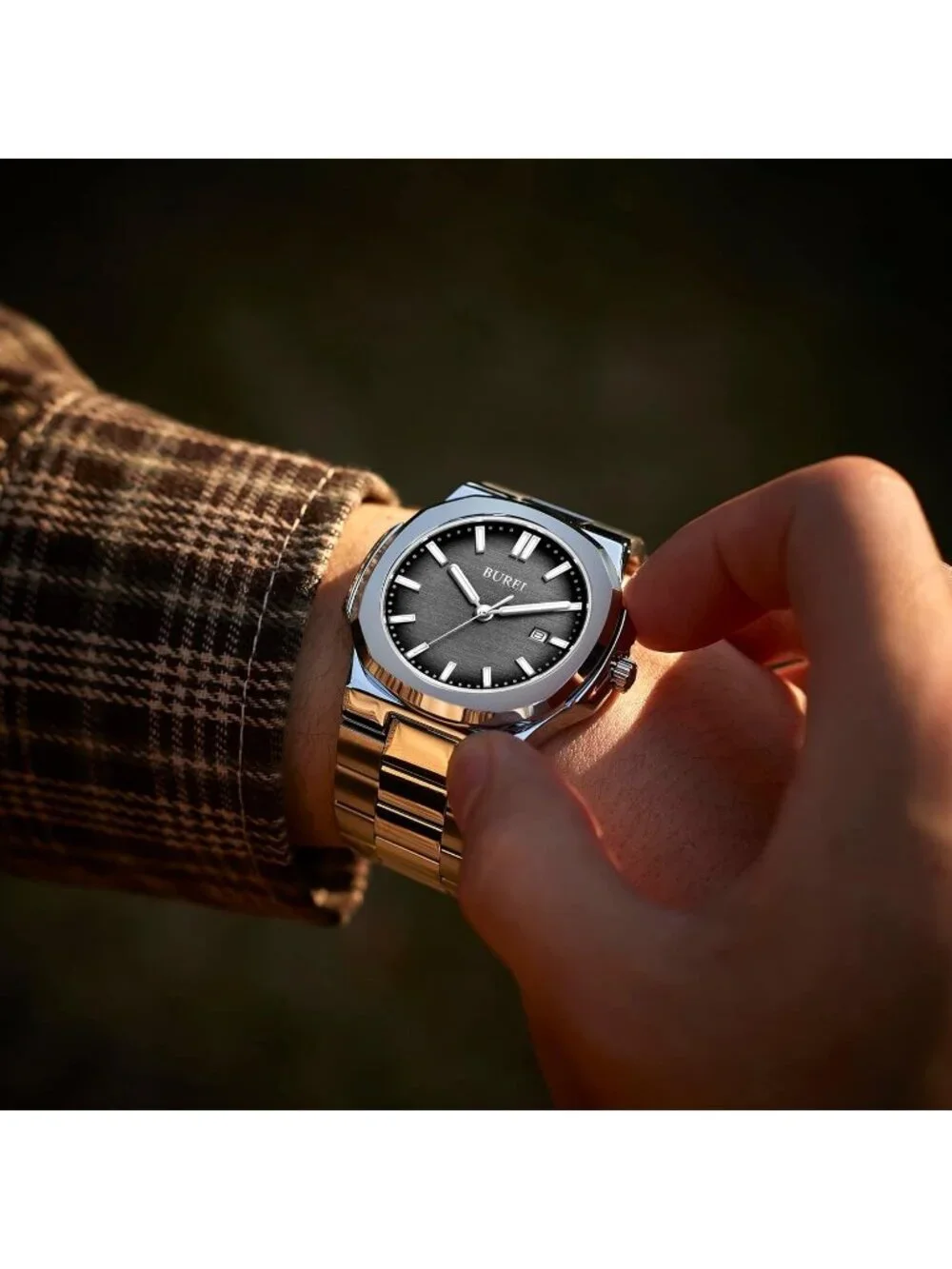 Men's Black Silver Analog Quartz Stainless Steel Waterproof Round Luxury Watch